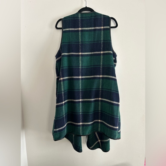 Rosette Womens Size Large Green Blue Plaid Sleeveless Cardigan Faux Leather Trim - Picture 6 of 7